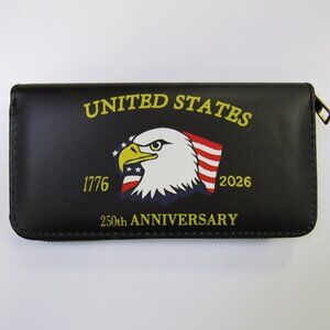 Women's Black Patriotic Eagle 250th Anniversary Zippered Long Wallet 1776-2026